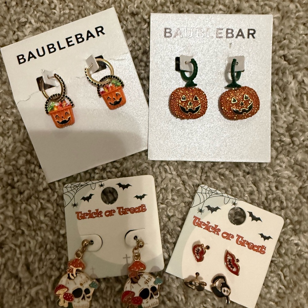 BaubleBar Festive Pumpkin and Skull Earrings Set - Orange, Black, Green